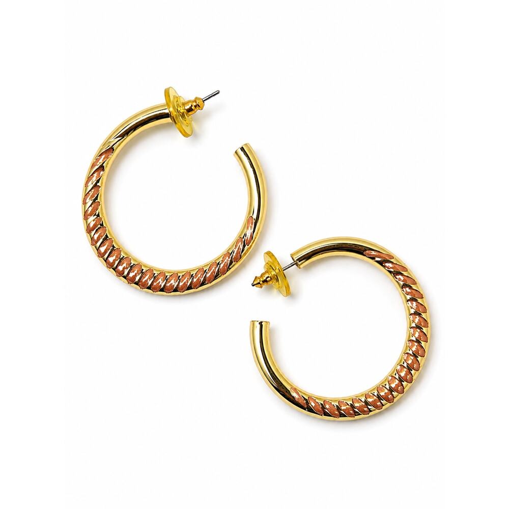Vintage Gold Tone Coral Enamel Hoop Earrings | Textured Rope | 1.5in